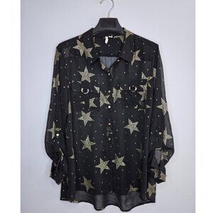 Cato Black Sheer Blouse with Gold Star Print Size L